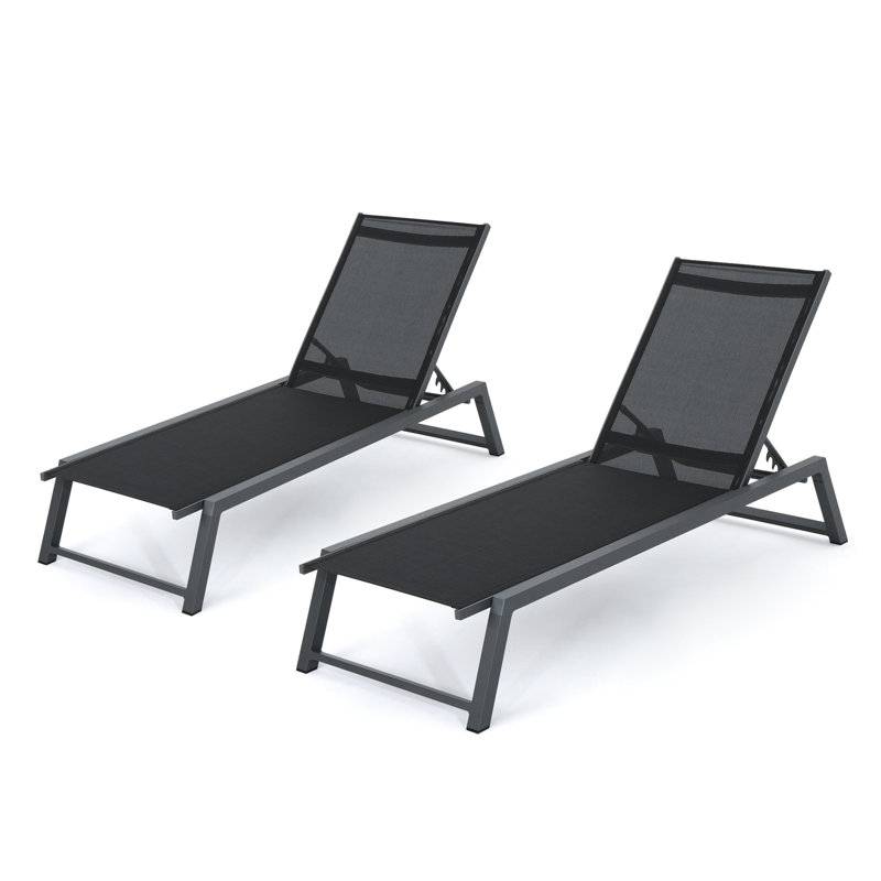 2 chaises longues avec structure en aluminium, siège en filet d'extérieur réglable, noir et gris, pour une utilisation confortable au bord de la piscine