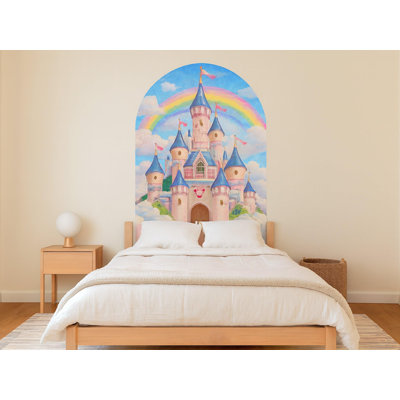 Princess Castle Headboard Wall Decal, Peel and Stick Fairy Tale Castle With Rainbow and Clouds, Removable Wall Sticker for Girls Bedroom and Nursery, Toddler bed 30"W x 45"H (76 x 114 cm)