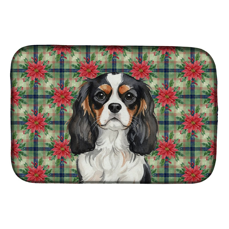 Tapis de vaisselle Tricolor Cavalier Spaniel Christmas PoinsettIas