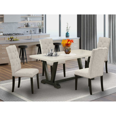 5-Piece Dining Room Table Set Contains a Linen White (Off-White) Rectangular Table and 4 Brown Linen Fabric Upholstered Chairs with Button Tufted Back - Distressed Jacobean Finish