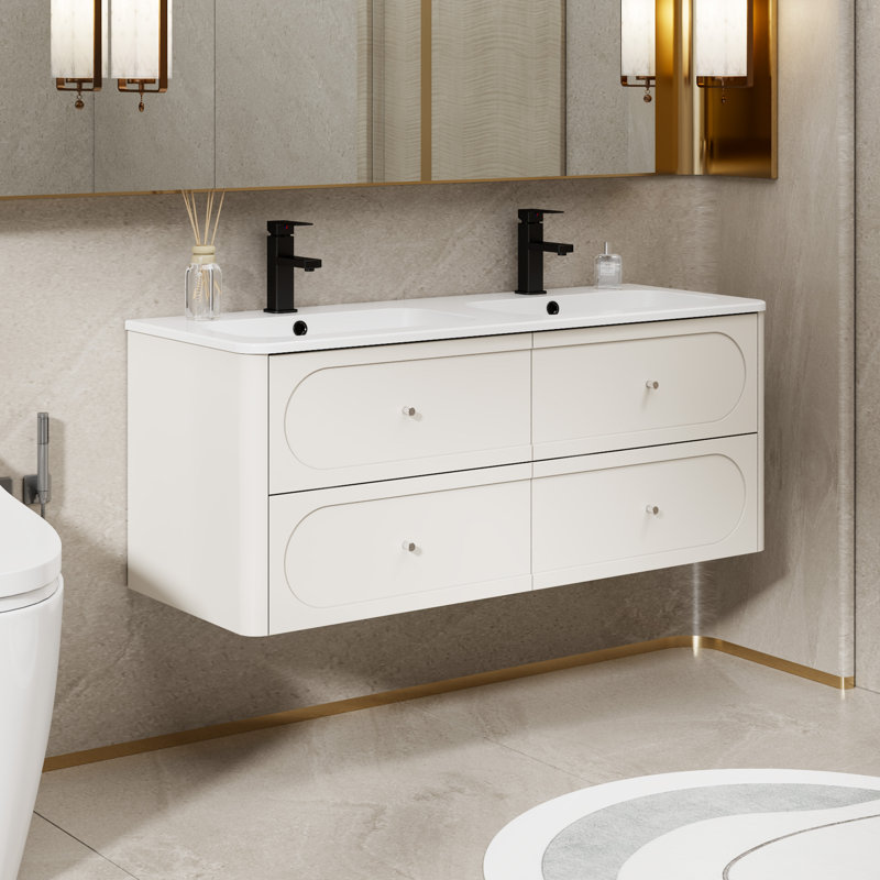 Meuble-lavabo double 48 po avec lavabo et robinets non inclus, Beige, Blanc