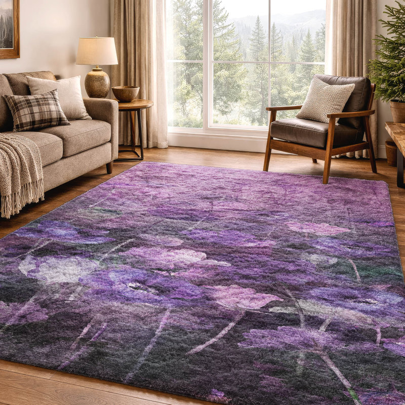 Tapis floral à poil long de qualité supérieure lavable à la machine ADS613, Purple, 8' x 10'