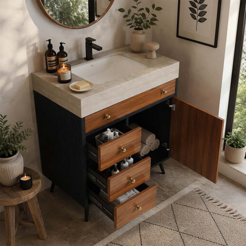 Meuble-lavabo moderne sur pied avec lavabo en céramique et comptoir en pierre frittée résistante, grand espace de rangement et installation facile