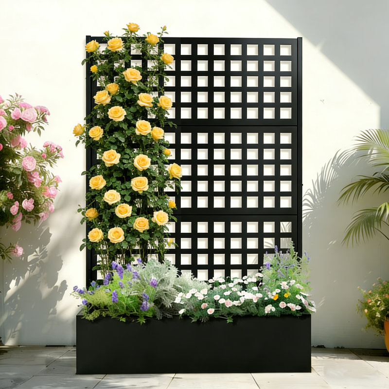 Metal Planter Wall with Trellis,  Outdoor Elevated Garden Bed, Dual-Purpose for Privacy Decoration and Planting, with Drainage Holes, for Climbing Plants, Vegetables, and Vining Flowers (3 Panels)