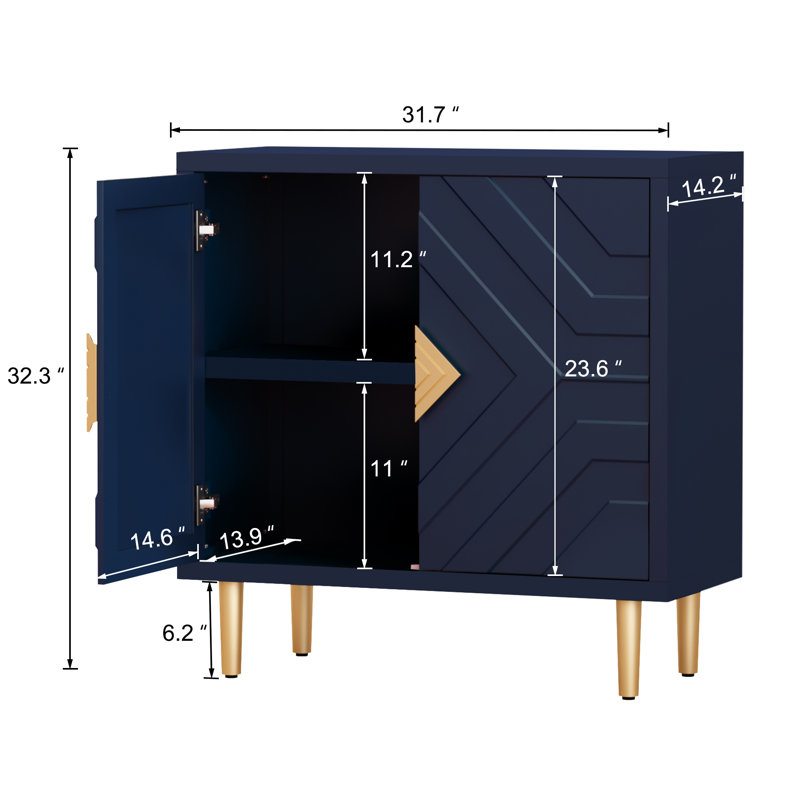 Buffet moderne 31,7 po avec 2 portes décoratives en relief Shenade, Bleu