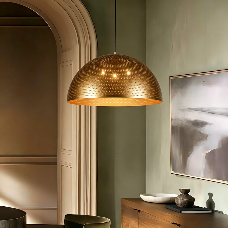 Luminaire suspendu en forme de dôme doré à 3 lumières pour îlot de cuisine, Laiton antique