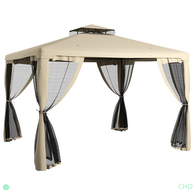 Patio Gazebo, Outdoor Canopy Shelter With 2-Tier Roof And Netting, Steel Frame For Garden, Lawn, Backyard, And Deck