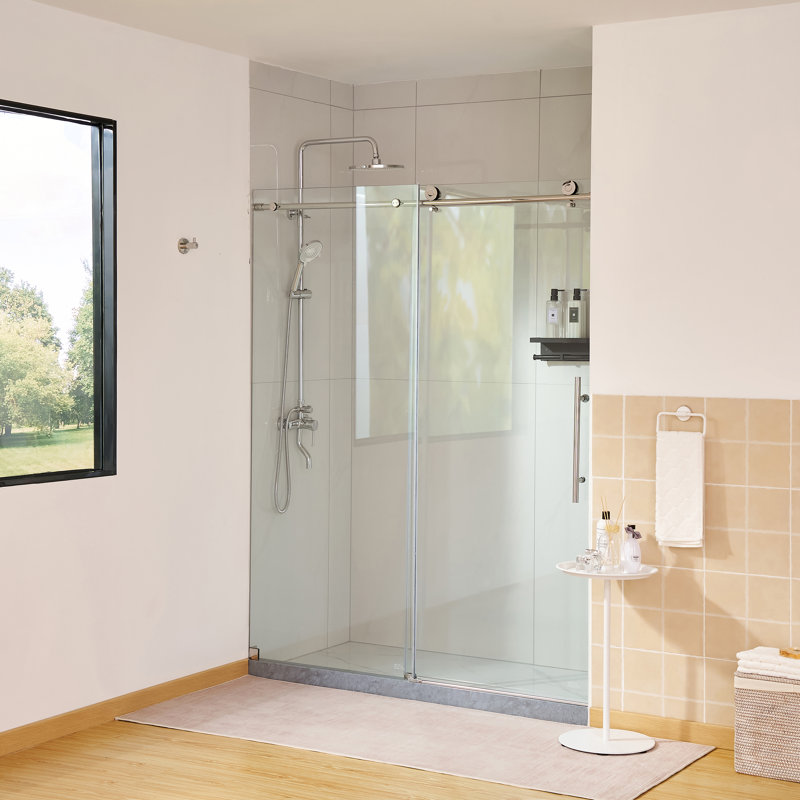 56–60" W x 76" H Frameless Bypass Single Sliding Shower Door with Explosion-Proof Clear Glass, Chrome/Soft Close