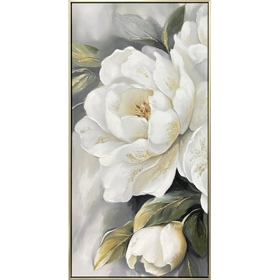 Gold Peony II - 47" x 24" - Hand-Embellished Canvas in Frame