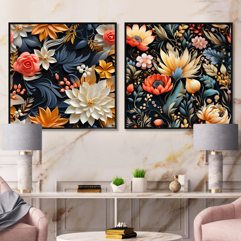 Eggen - Ensemble de 2 collages floraux carrés, Cadre flottant noir, H 36 po x l 73 po