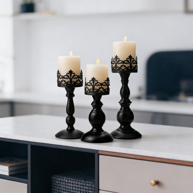 Metal Candle Holders Set Of 3, Vintage Gothic Pillar Candle Stands For Table Centerpiece, Fireplace Mantel, And Home Decor