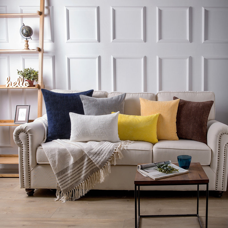 White and Navy Corduroy Velvet Square Throw Pillow Set