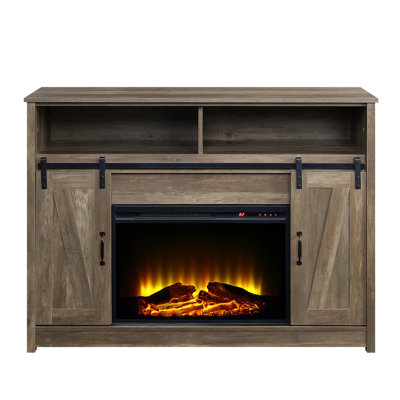 Meuble télé rustique avec finition chêne rustique, 2 rangements de porte, compartiments ouverts, porte de grange coulissante, kd, plateau de 15 mm, panneau de particules, métal, papier de placage, 4777, capacité de chauffage de 400 pieds carrés,