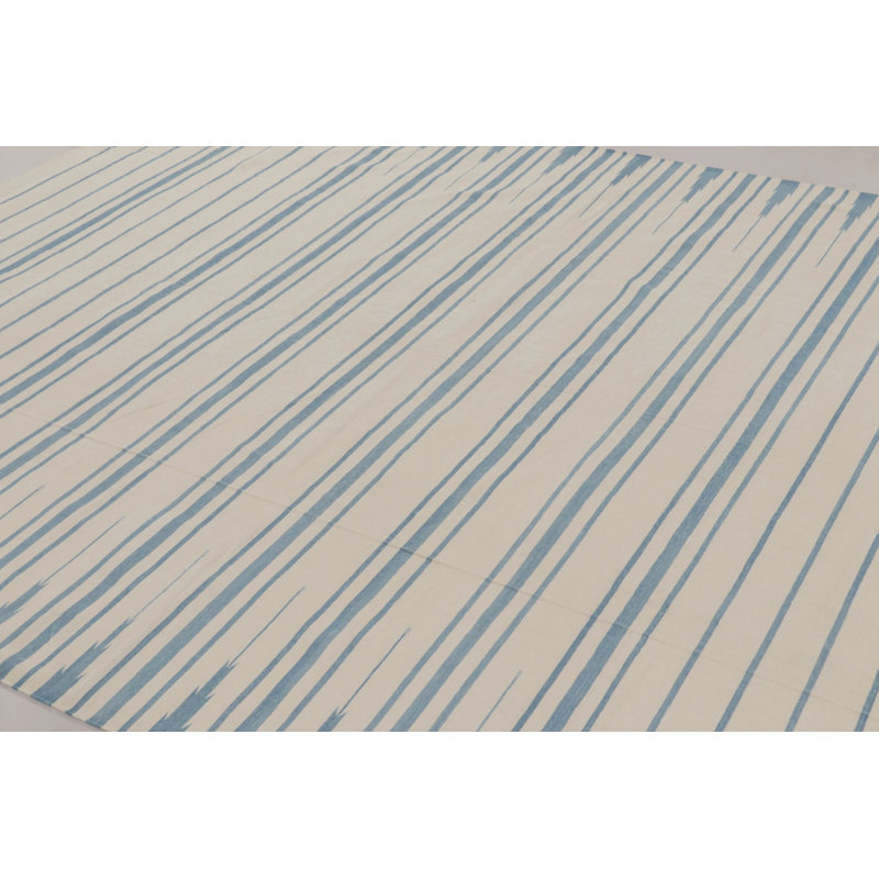 Rug & Kilim’S Indian Dhurrie Rug In Ivory And Blue Stripes