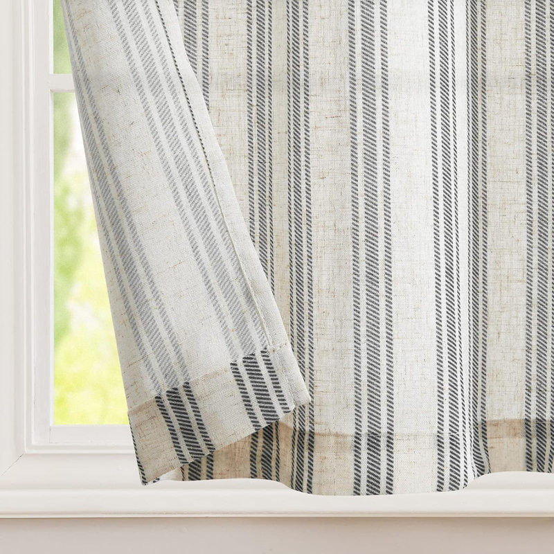 Kitchen Curtains Striped Tier Cafe Curtains Farmhouse Small Curtains, Black on Beige, 26" W x 24" L