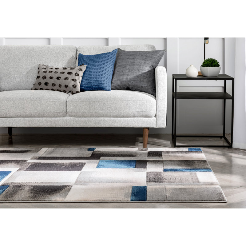 Cillan Modern Geometric Boxes 3D Textured Rug, Loom Blue, Rectangle 5'3" x 7'3"