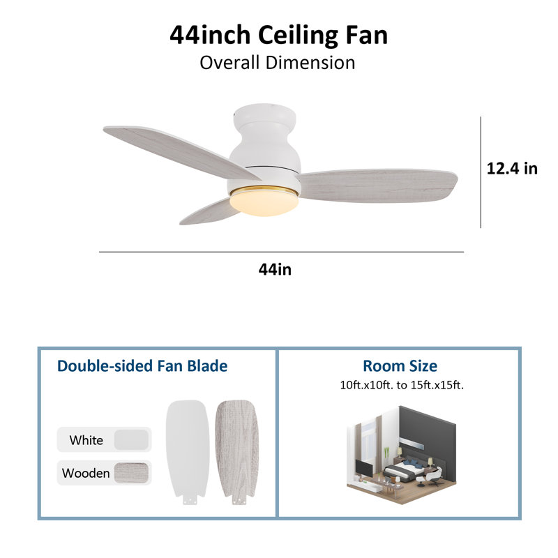 Ogdensburg 44'' Ceiling Fan with LED Lights, White/Light Wooden