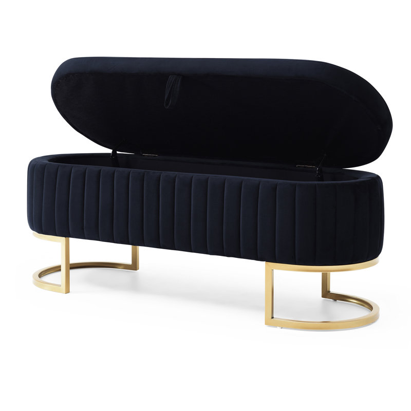 Modern Entryway Bench With Storage: Fluffy Cover Oval Bedroom Storage : Breathable Fabric & Metal Legs, Black