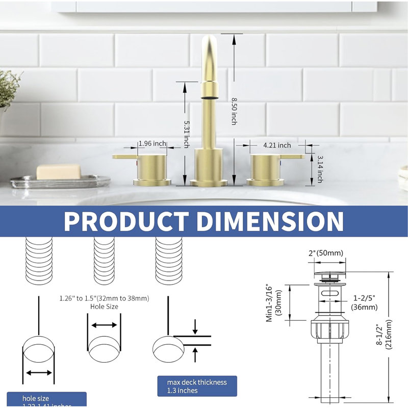 3 Hole 8 Inch Lavatory Faucet 2 Handle, Brushed Gold, 360 Rotating Spout, Drip - , Water Saving Aerator, For Rv And Laundry Room Widespread Rotatable Cartridge, Saving, Public