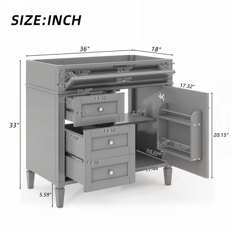 Meuble-lavabo de salle de bain sans lavabo, avec 2 tiroirs et un tiroir basculant, Gris
