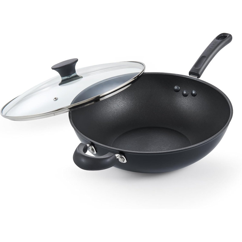 Cook N Home Basic 12-Inch Hard Anodized Nonstick Wok with Lid, Large Non Stick Stir-Fry Pan, Deep Flat Bottom Wok Pan, Everyday Chef Saute Skillet, Induction Cookware, Black