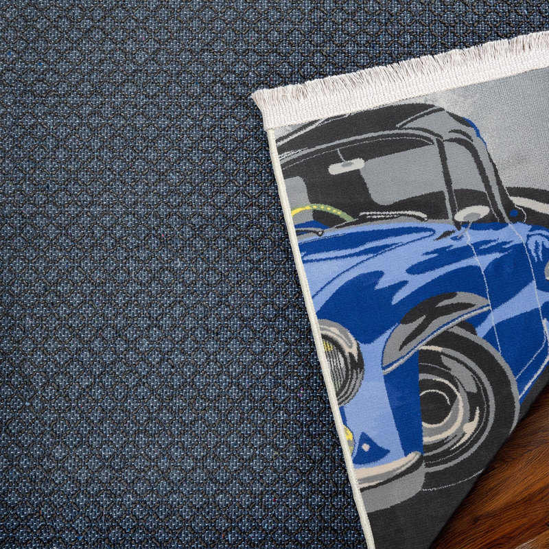 Tapis bleu antidérapant tissé à motif géométrique bleu