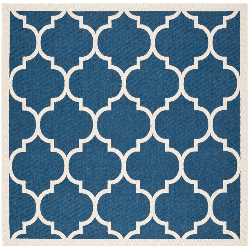 Courtyard Performance Geometric Indoor/Outdoor Area Rug, Square 6'7", Beige/Navy