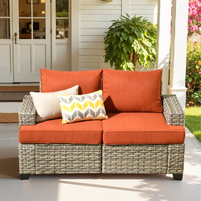 Outdoor All-Weather Wicker Sectional Loveseat Sofa With Cushions, Orange