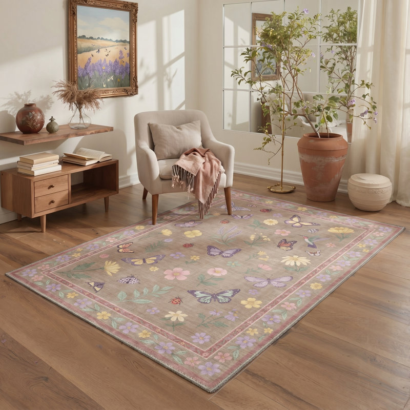 Adonis Vespera Floral Machine Washable Pink / Brown Indoor Area Rug with Non-Slip Backing, Rectangle 5' x 7'