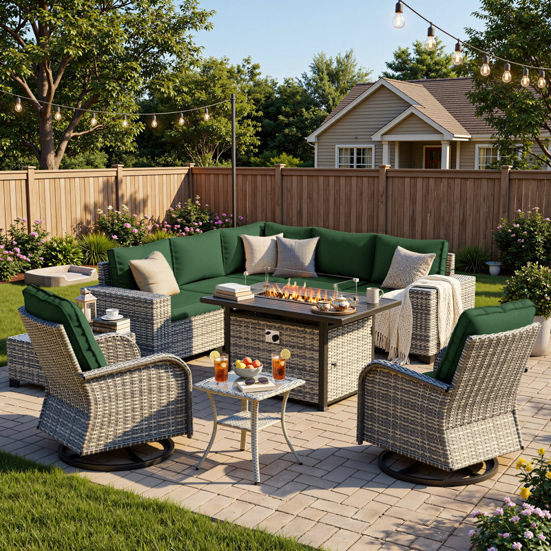 10-Piece Outdoor Patio Sectional Conversation Set With Fire Pit Table And Swivel Rocker Chairs, Forest Green