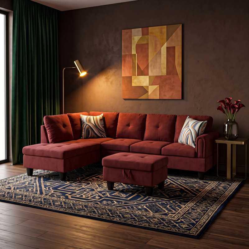 Canapé modulaire rembourré réversible avec repose-pieds, Rouge, Orienté vers la gauche