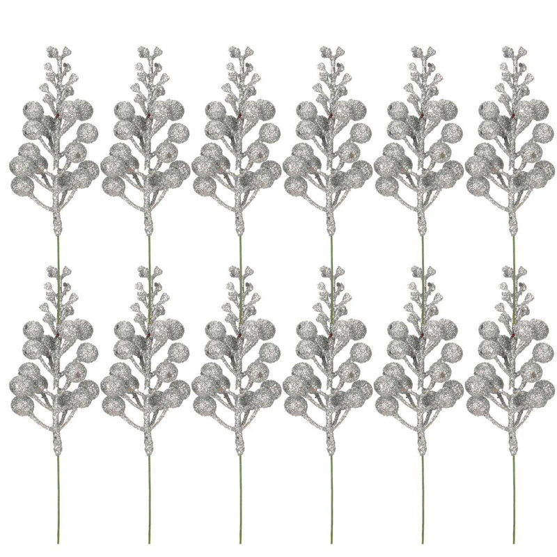 12Pcs Christmas Glitter Berries Stems 7.9 Inch Artificial Christmas Tree Picks Decoration, Argent