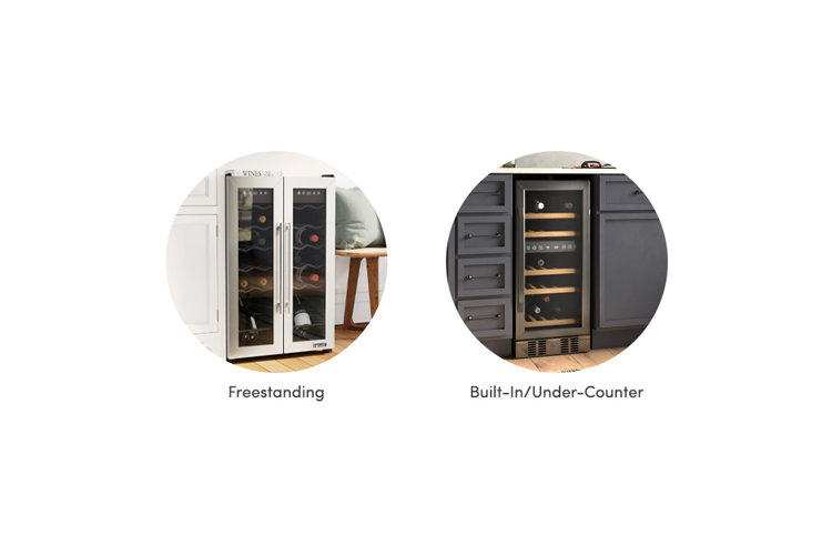collage of freestanding and built-in/under-counter wine refrigerators