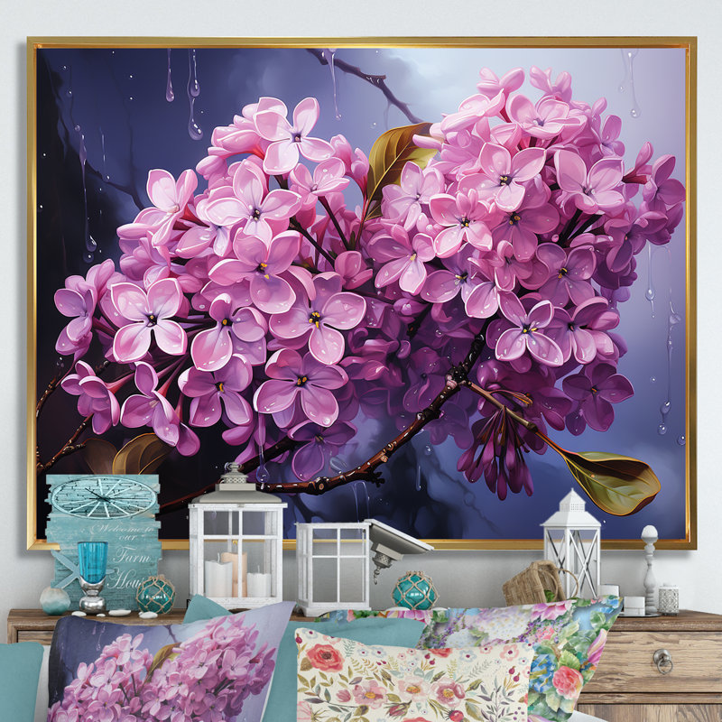 Lilas beauté dévoilé sur toile, Cadre flottant doré, H 30 po x l 40 po x P 1,5 po