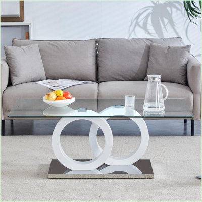 Table basse contemporaine à plateau en verre avec base en panneau de fibres à densité moyenne blanc, facile à nettoyer et amp; Gain de place pour le salon