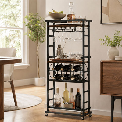 4 Tier Versatile Bar Cart, Rolling Wine Storage, Black and Brown