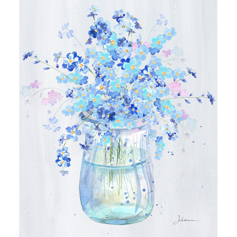 «Delicate Blue Blossoms in Jar», reproduction d'art sur toile tendue, H 40 po x l 30 po
