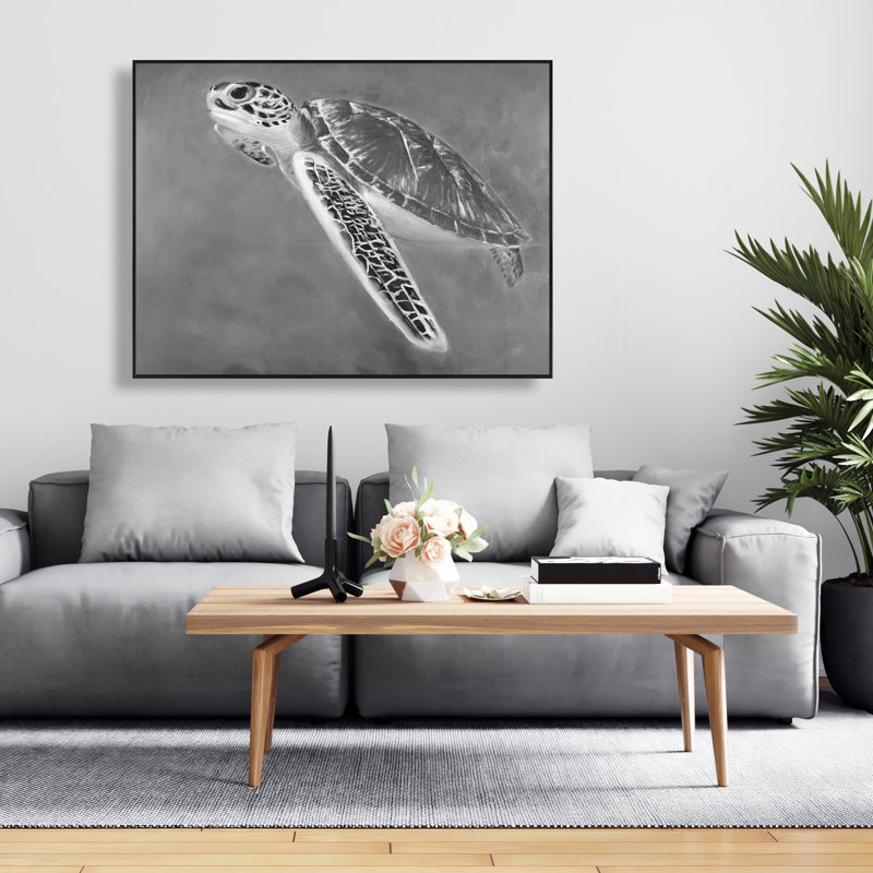 Tortue de mer en niveaux de gris - Décoration de salle de bain en toile encadrée | Home Art