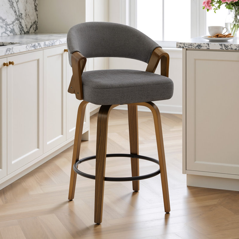 Tabouret de bar pivotant à 360 ° de style Mid-Century moderne en noyer avec dossier incurvé, Gris