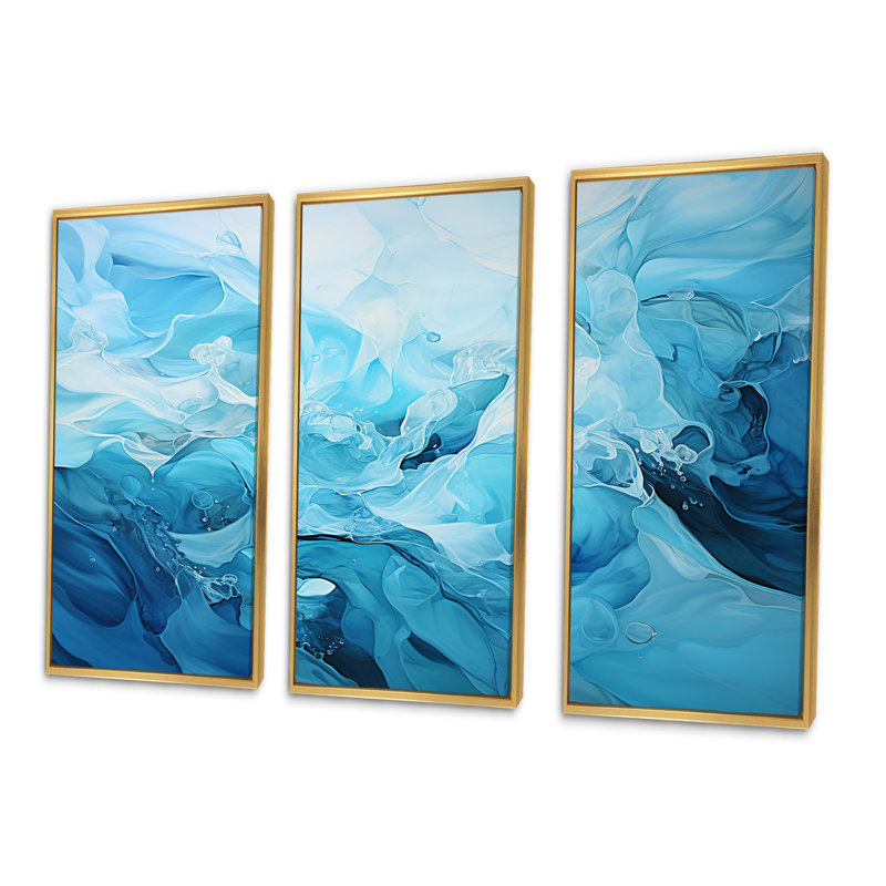 Oceanic Rhapsody I - Impressionnisme abstrait sur toile, Cadre flottant doré, H 28 po x l 36 po x P 1 po