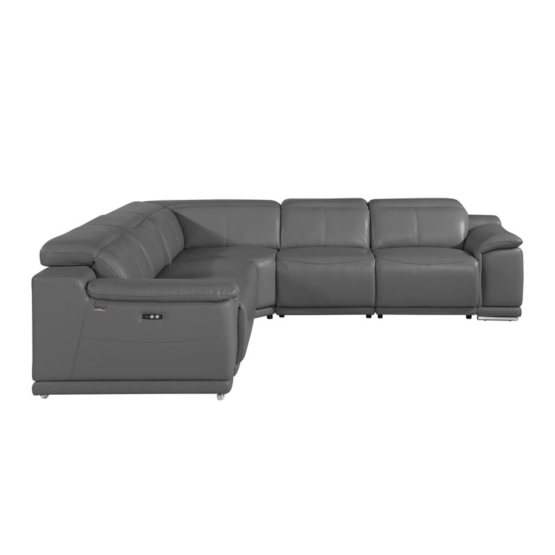 Crasia 5 Piece Top Grain Italian Leather Reclining Sectional, Gray Genuine Leather