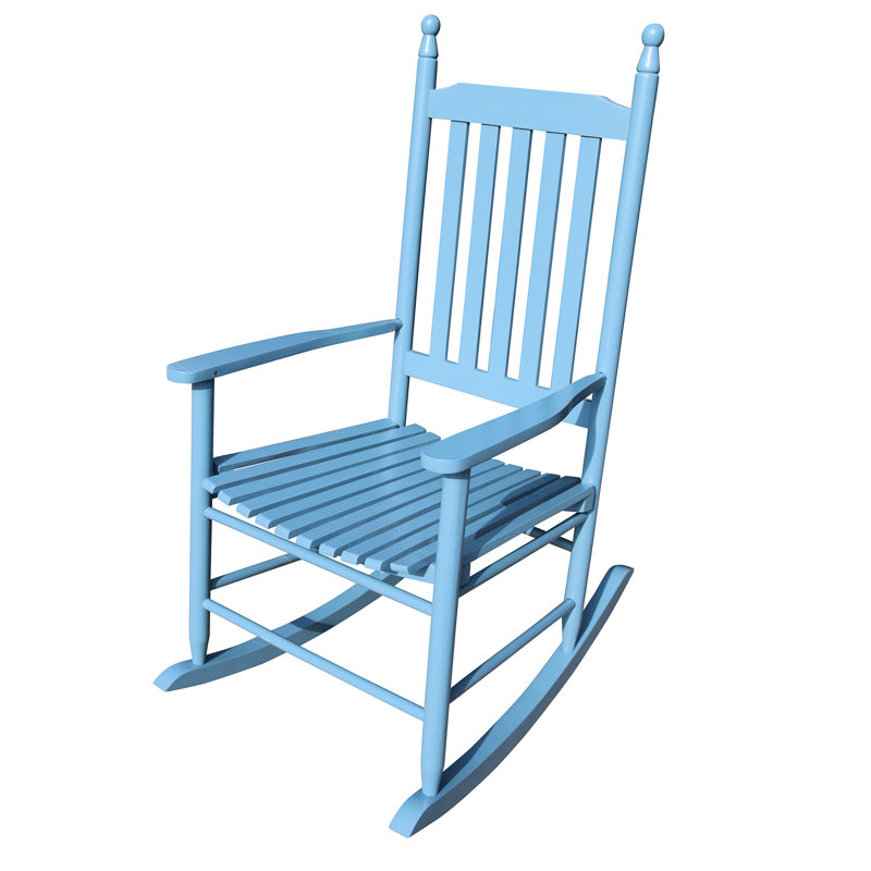 Blue Wooden Porch Chair Rocker - Solid Hardwood Build For Strong Durability Comfortable Wide Seat And Armrest Firm Slatted Back Rest Easy Assembly Included 250Lbs Weight Capacity Suitable Balcony