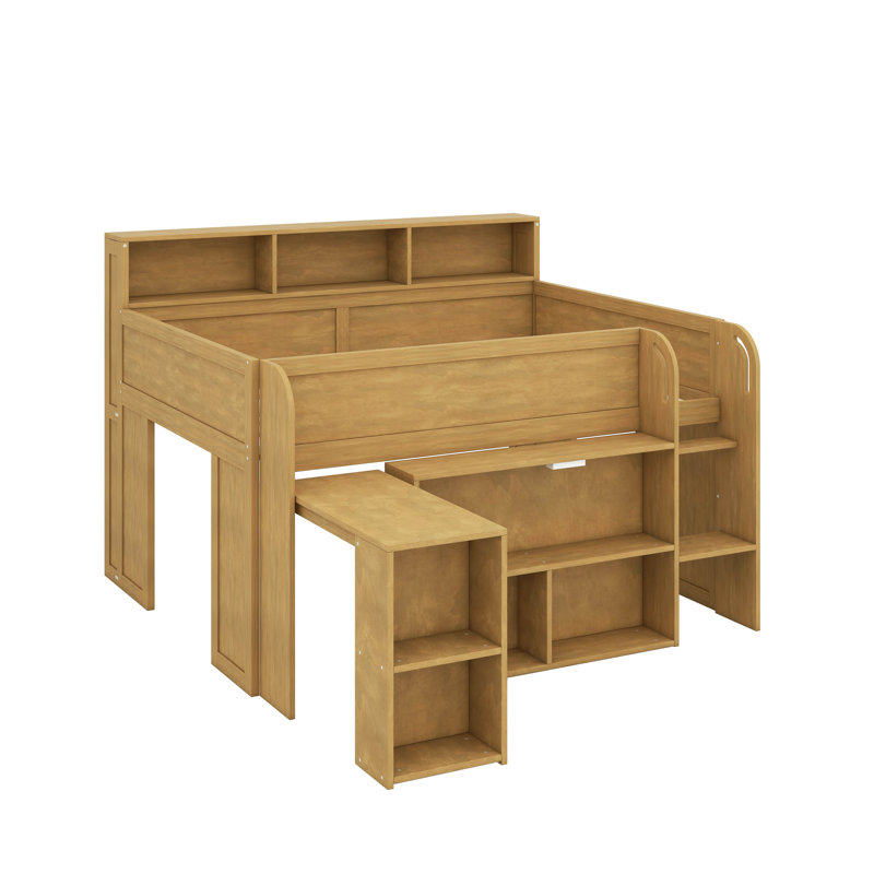 Lit mezzanine double avec bureau à roulettes intégré, 8 tablettes de rangement et lumières DEL, Noyer