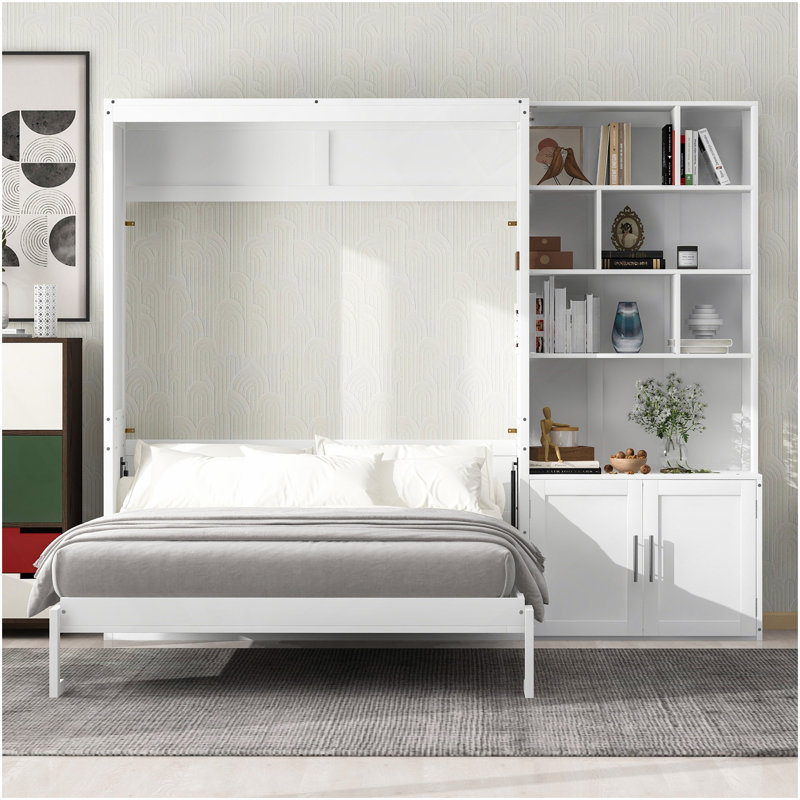 Lit escamotable double avec plusieurs tablettes de rangement et une armoire, blanc