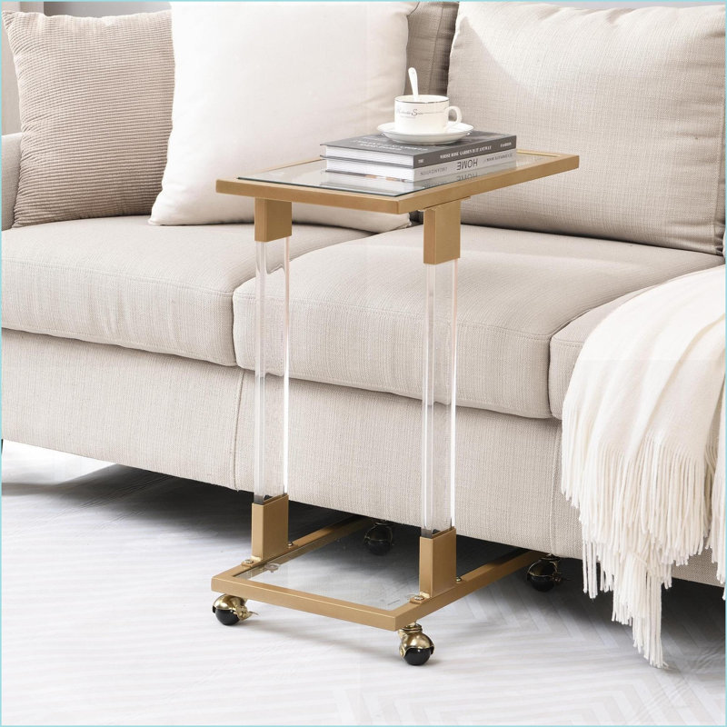 Table basse dorée en forme de C avec plateau en verre trempé, table d'appoint mobile facile à nettoyer pour la maison et le bureau