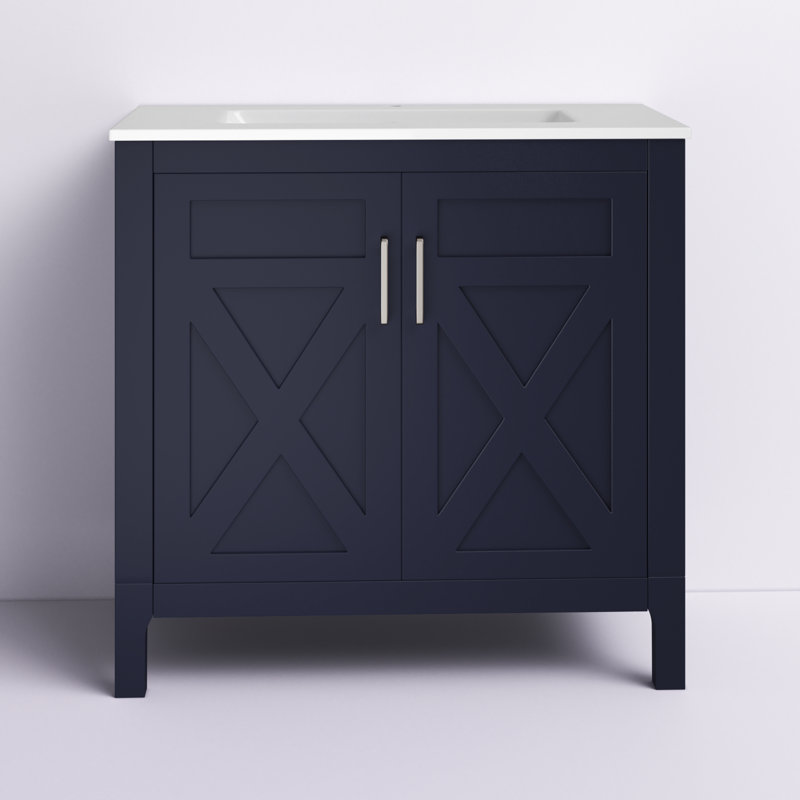 Ensemble de meuble-lavabo autoportant 36 po Anvay en bleu marine avec plateau en céramique blanche, Bleu marine