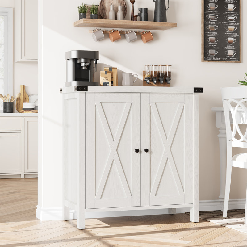 Farmhouse Sideboard Buffet Cabinet With Storage, Kitchen Cabinet With Adjustable Shelf and Barn Doors, Modern Wooden Storage Cabinet for Living Room, Dining Room, White