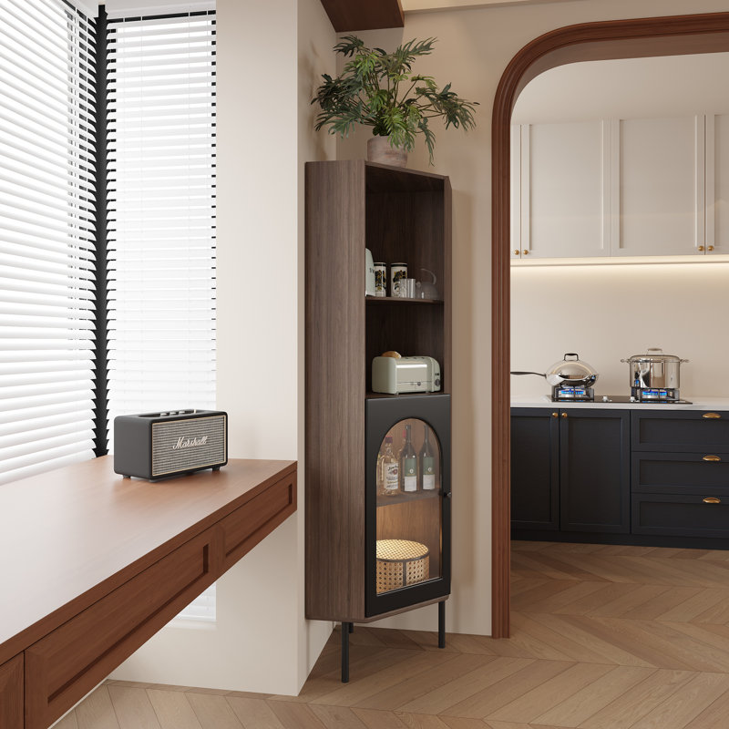 4-Tier Corner Bookcase With Glass Door And LED Sensor Light, Walnut Bookshelf L-Shaped Shelves With Baffles