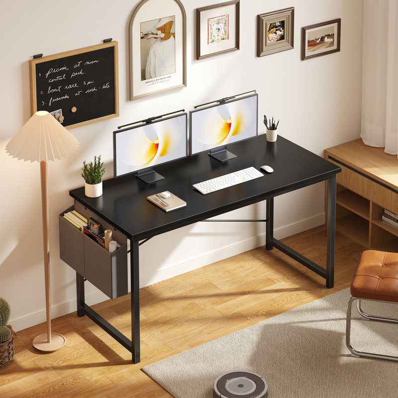 Bureau d'ordinateur de 55 po avec structure en métal, surface imperméable et sac de rangement - idéal pour le bureau, Black