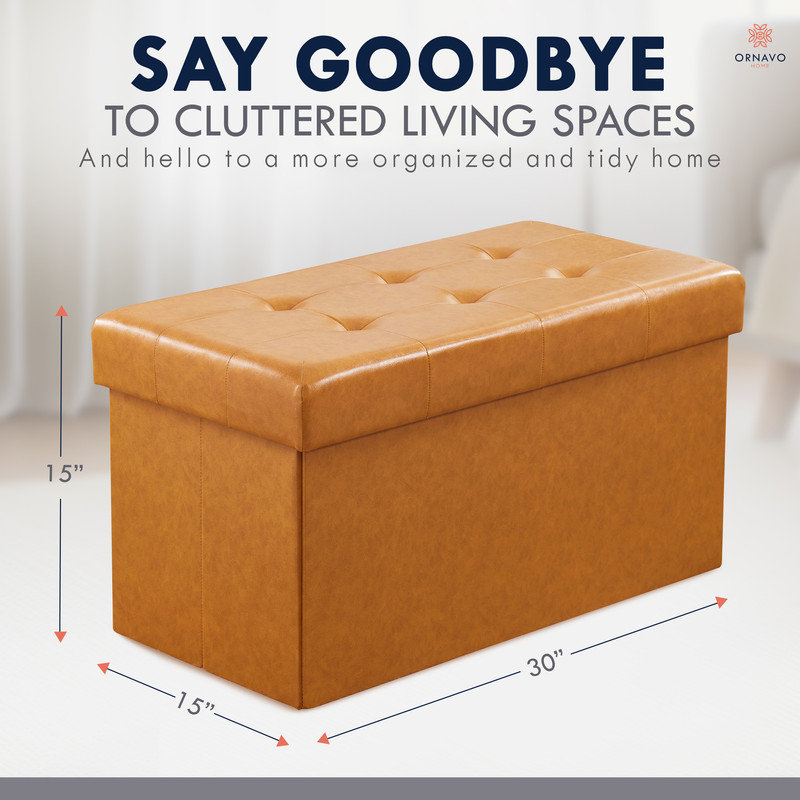 Cognac Faux Leather Tufted Foldable Storage Ottoman Bench